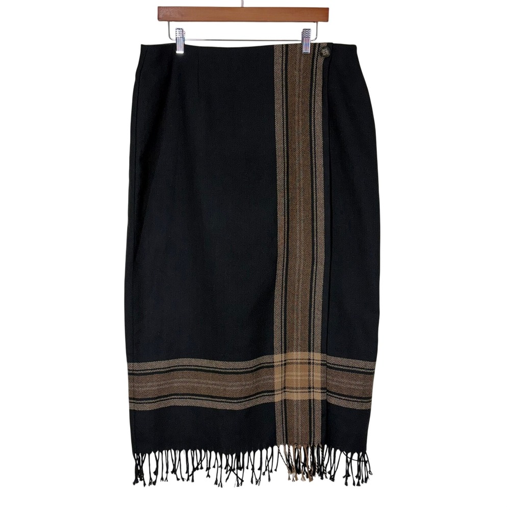 Sarah b Studio Womens Maxi Skirt 16 2X Black Plaid Fringe Wool Blend Faux Wrap